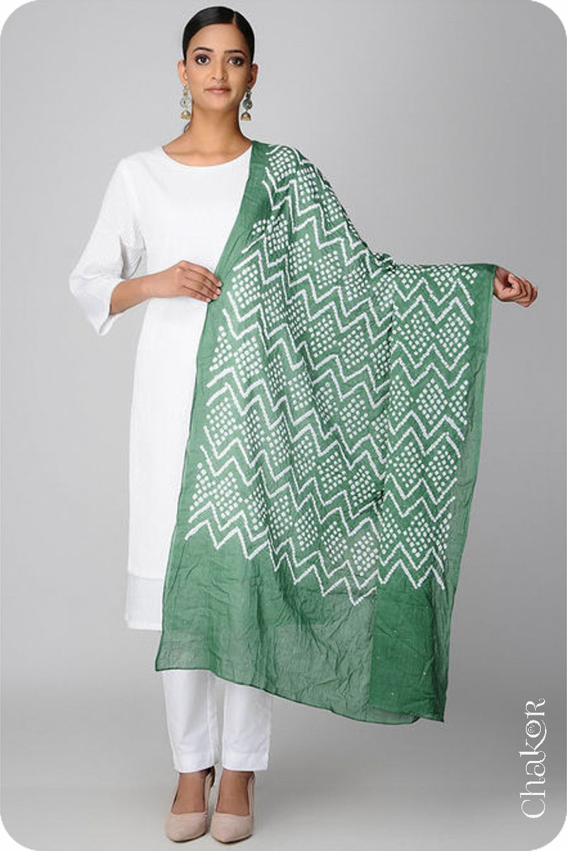 Moss Green Bandhani Mul Cotton Dupatta