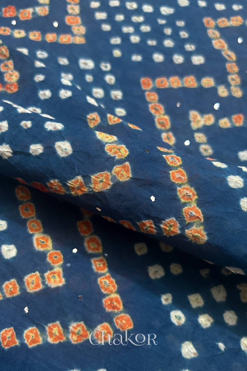 Close up of Traditional hand tied Bandhani pattern on Indigo Blue mulmul cotton dupatta.
