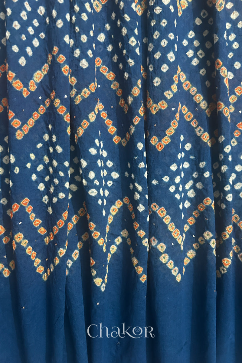 Detailed view of Bandhani tie-dye pattern and fabric fall on Indigo Blue cotton dupatta.

