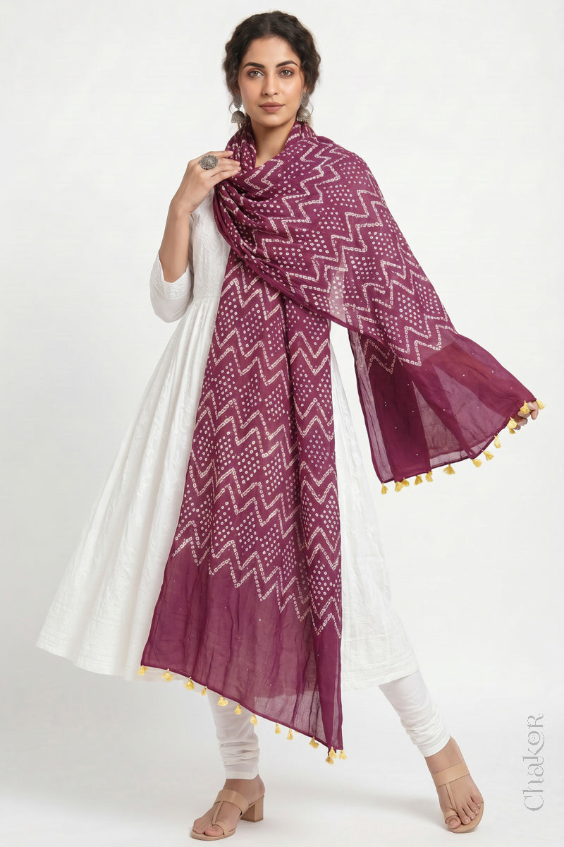 Plum pink Kutch Bandhani dupatta with mukaish embroidery in mercerised mulmul cotton shown in side drape styling.
