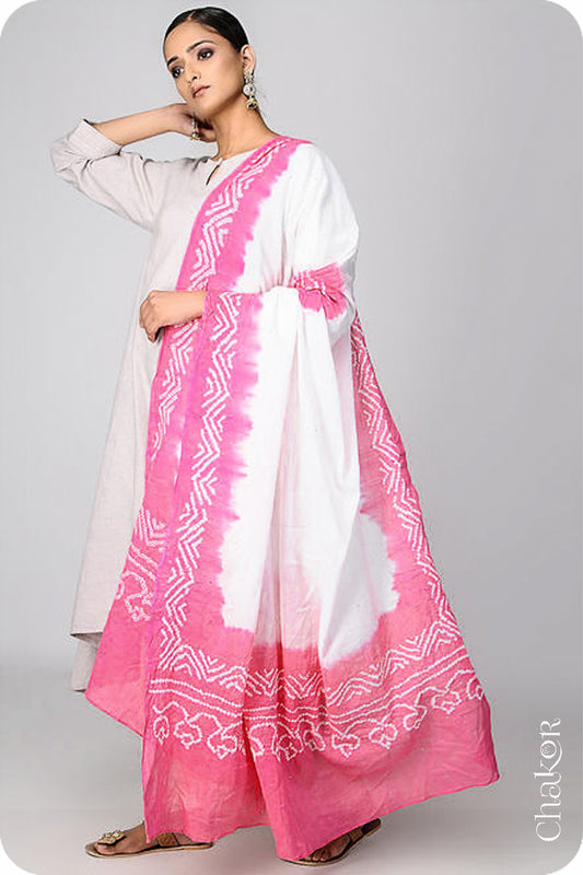 Off-white Pink Bandhani Mul Cotton Dupatta