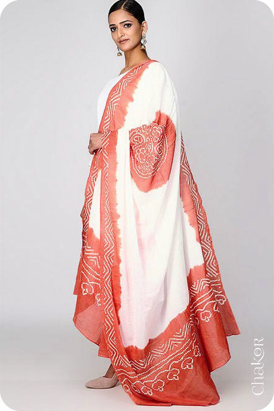 Off-white Rust Bandhani Mul Cotton Dupatta