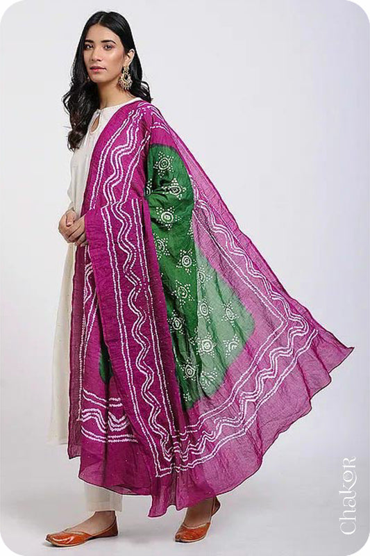 Mehendi Magenta Bandhani Mul Cotton Dupatta