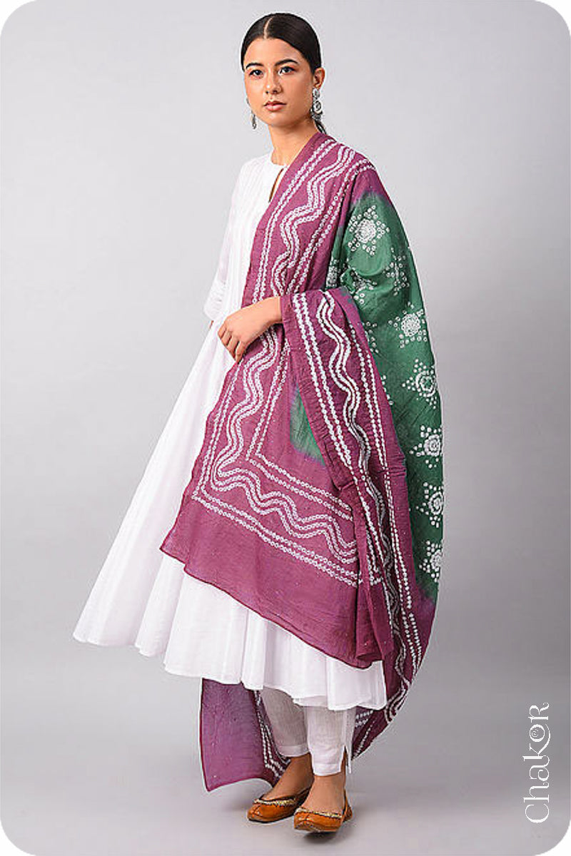 Moss green Plum Bandhani Mul Cotton Dupatta