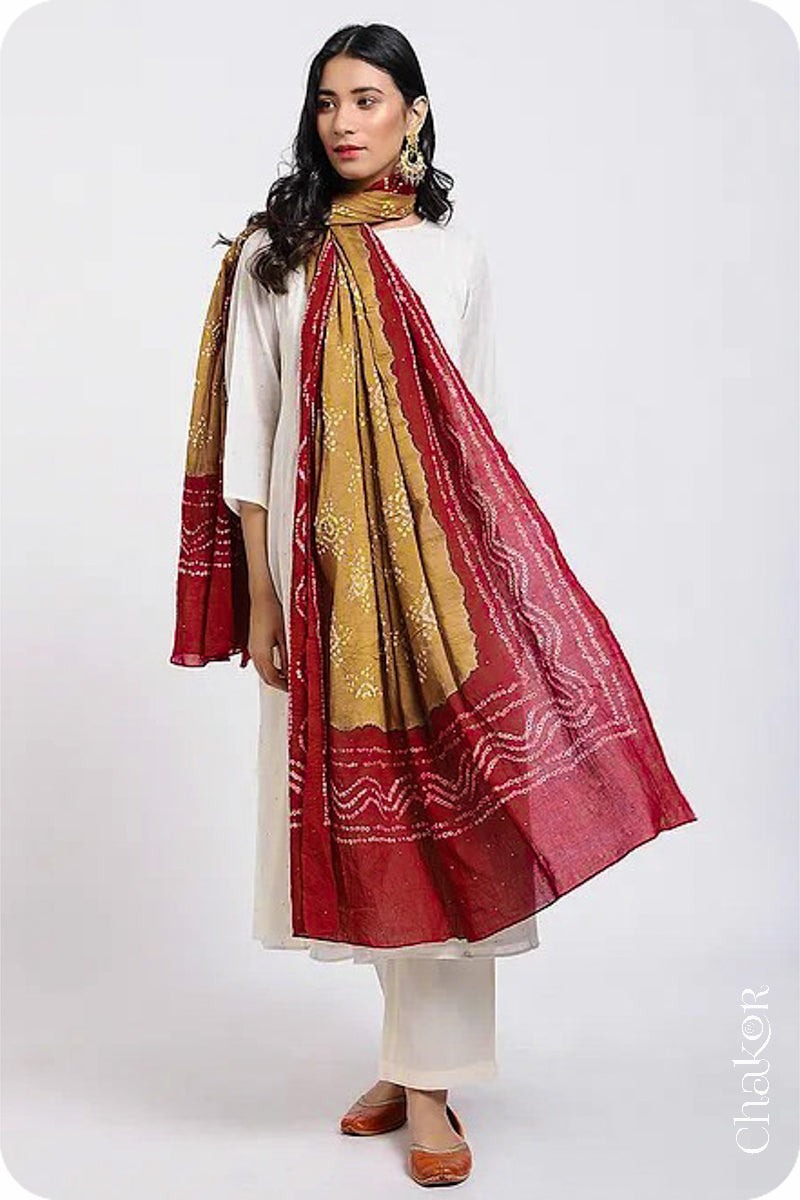 Mustard Red Bandhani Mul Cotton Dupatta