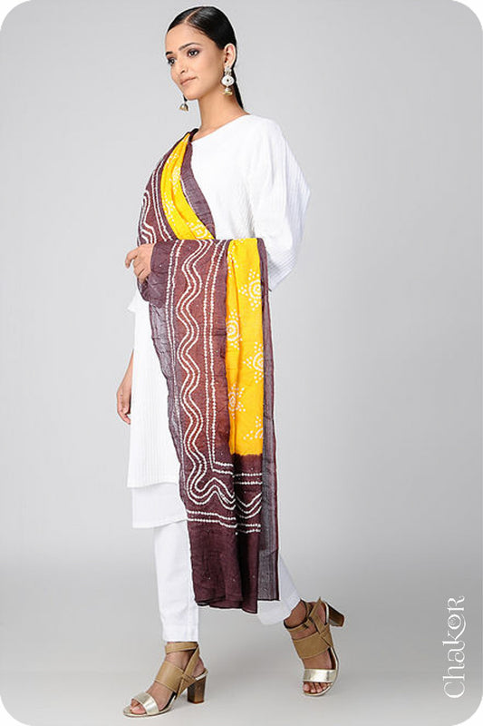 Yellow Brown Bandhani Mul Cotton Dupatta