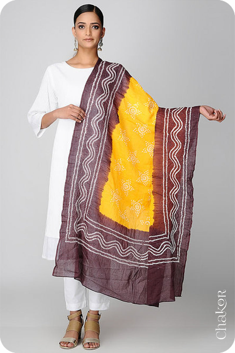 Yellow Brown Bandhani Mul Cotton Dupatta