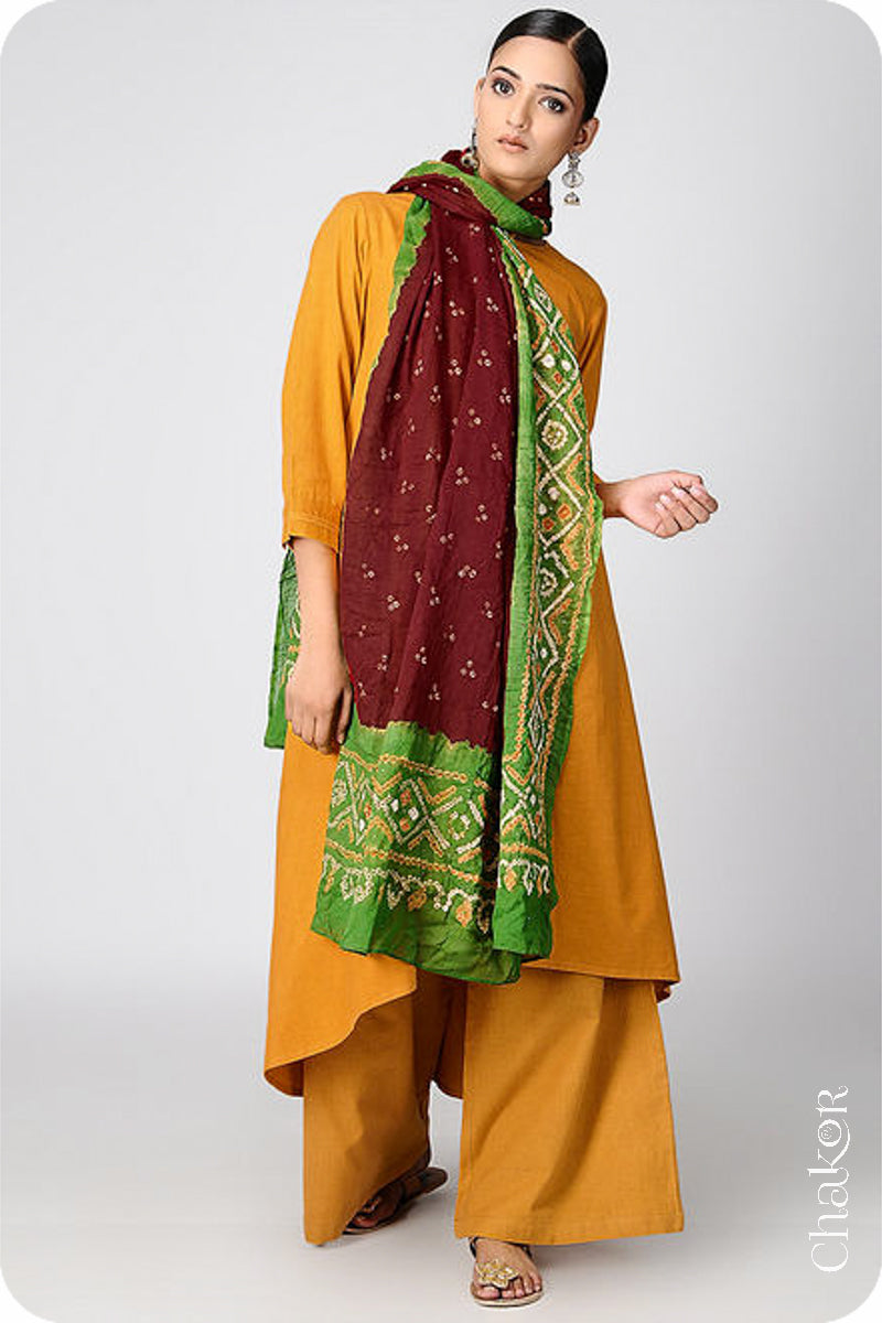 Maroon Mehendi Bandhani Mul Cotton Dupatta