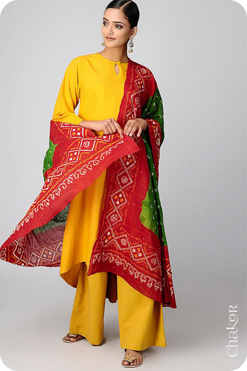 Mehendi Red Bandhani Mul Cotton Dupatta