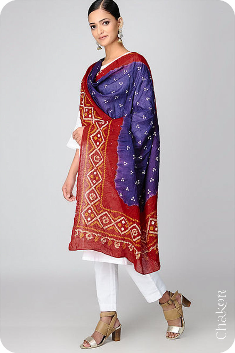 Purple Red Bandhani Mul Cotton Dupatta