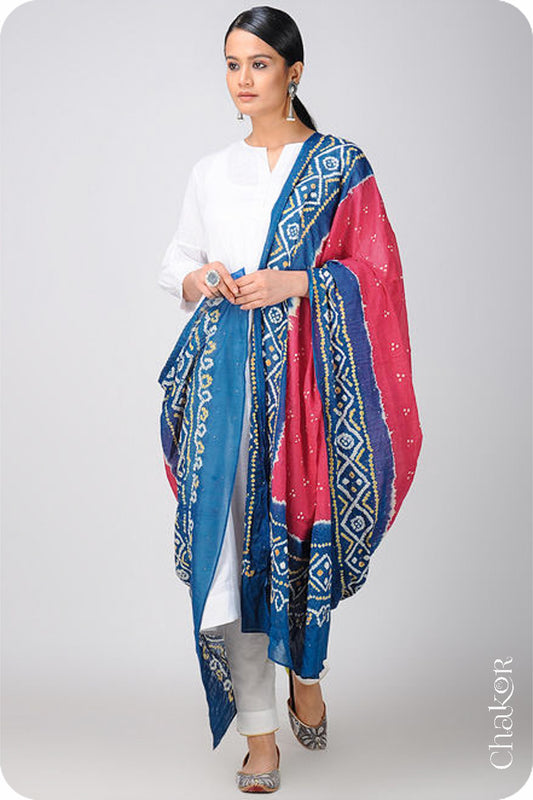 Strawberry Indigo Bandhani Mul Cotton Dupatta