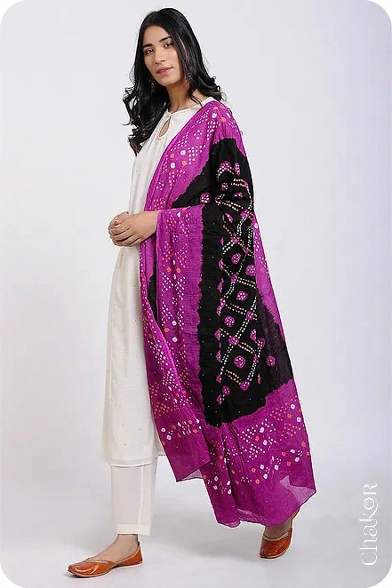 Black Magenta Bandhani Mul Cotton Dupatta