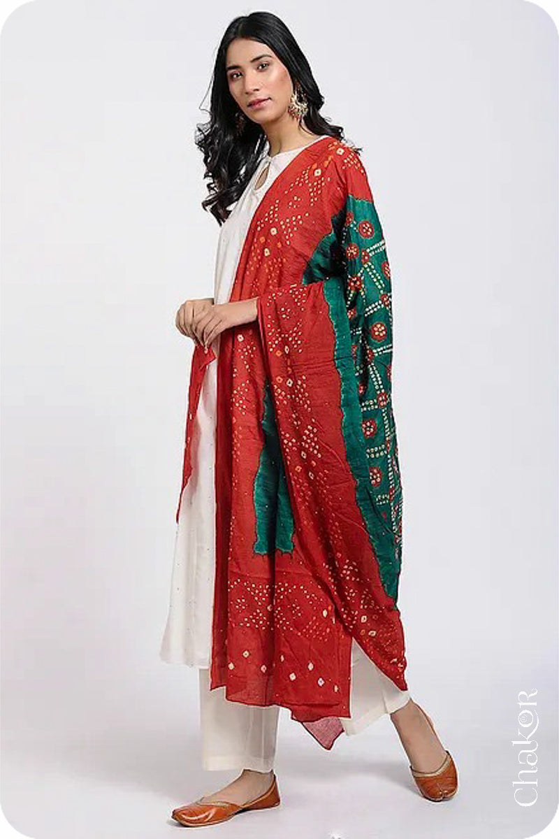 Green Red Bandhani Mul Cotton Dupatta