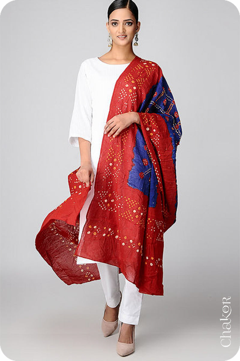 Navy Red Bandhani Mul Cotton Dupatta