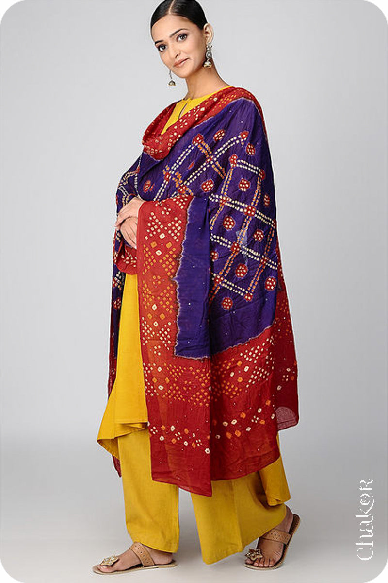 Purple Red Bandhani Mul Cotton Dupatta