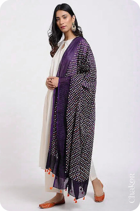 Purple Bandhani Mul Cotton Dupatta