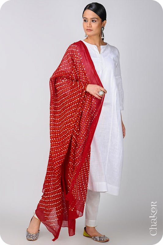 Red Bandhani Mul Cotton Dupatta