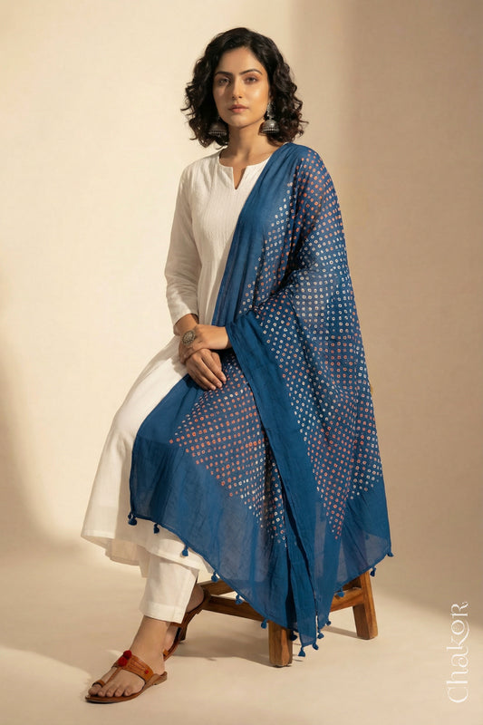 Indigo Blue Mercerised Cotton Mulmul Bandhani Dupatta, detailed with tassels draped on model - Real Bandhej by CHAKOR.