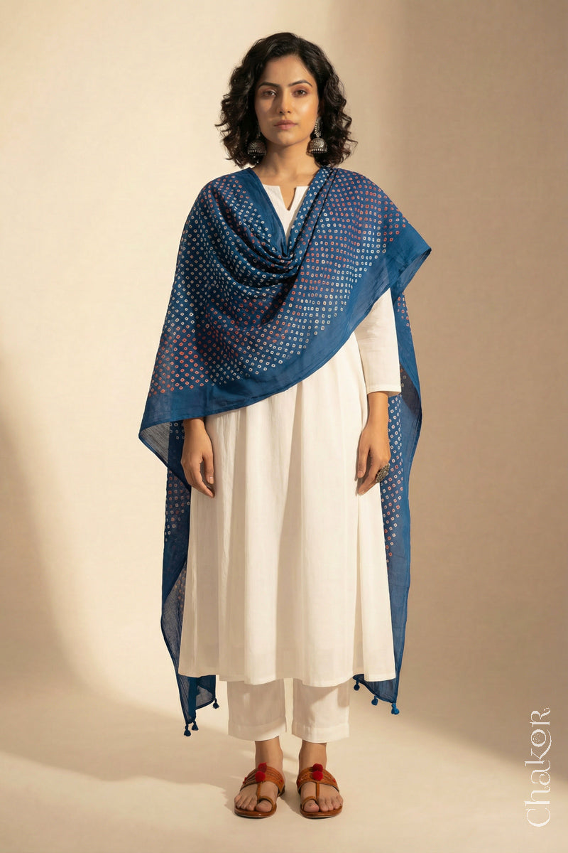 Indigo Blue Mercerised Cotton Mulmul Bandhani Dupatta, detailed with tassels draped on model - Real Bandhej by CHAKOR.