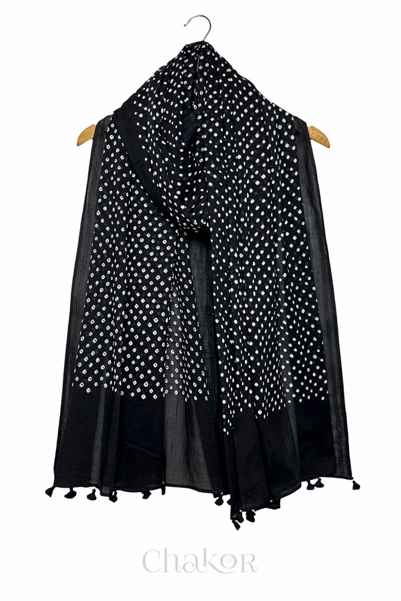 Black Bandhani Mul Cotton Dupatta in Traditional Design for Women's clothing online by Chakor.