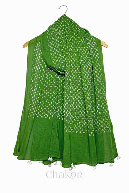 Mehendi Green Bandhani Mul Cotton Dupatta in Traditional Design for Women's clothing online by Chakor.