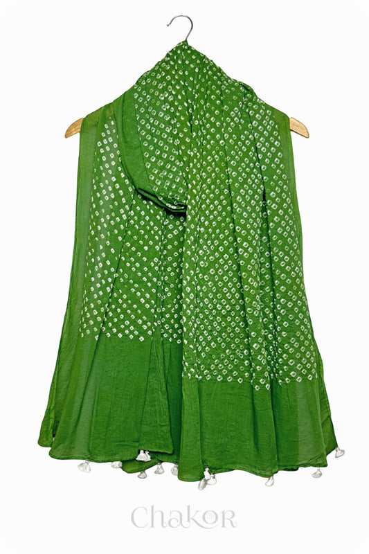 Mehendi Green Bandhani Mul Cotton Dupatta in Traditional Design for Women's clothing online by Chakor.