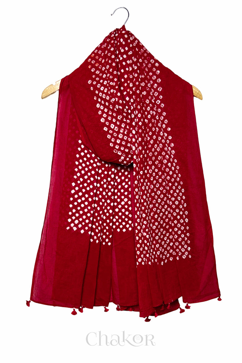 Red Bandhani Mul Cotton Dupatta in Traditional Design for Women's clothing online by Chakor.