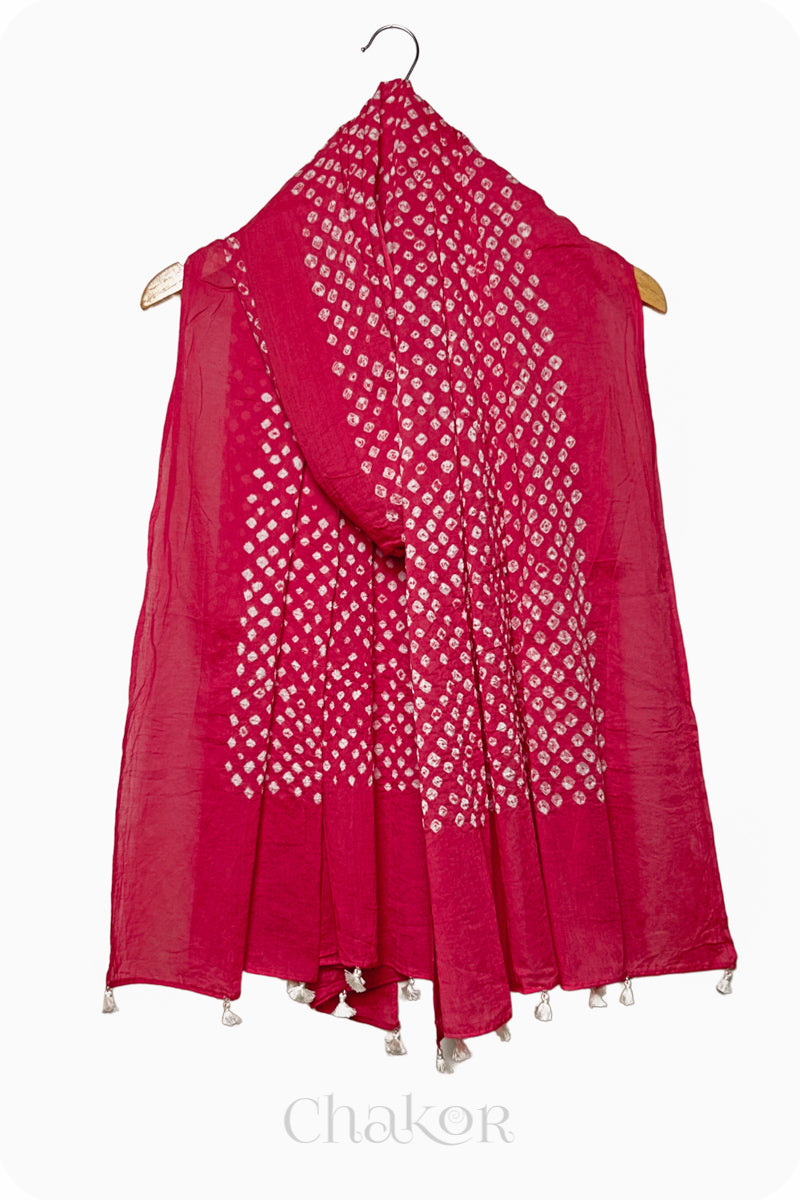 Strawberry Pink Bandhani Mul Cotton Dupatta in Traditional Design for Women's clothing online by Chakor.