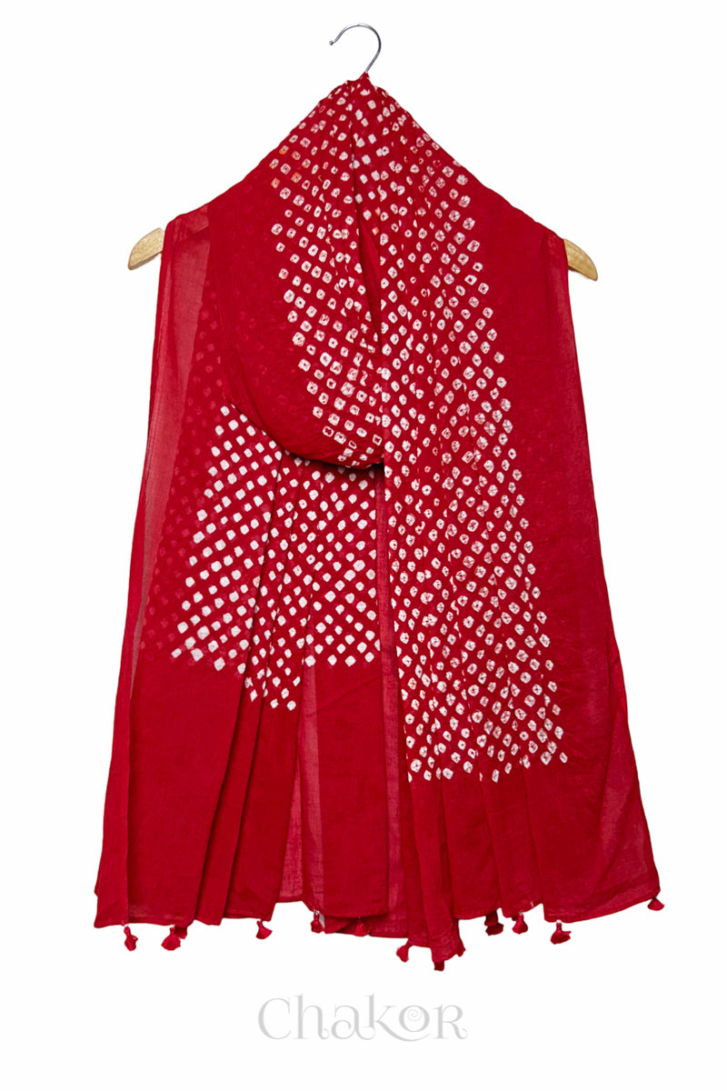 Tomato Red Bandhani Mul Cotton Dupatta in Traditional Design for Women's clothing online by Chakor.