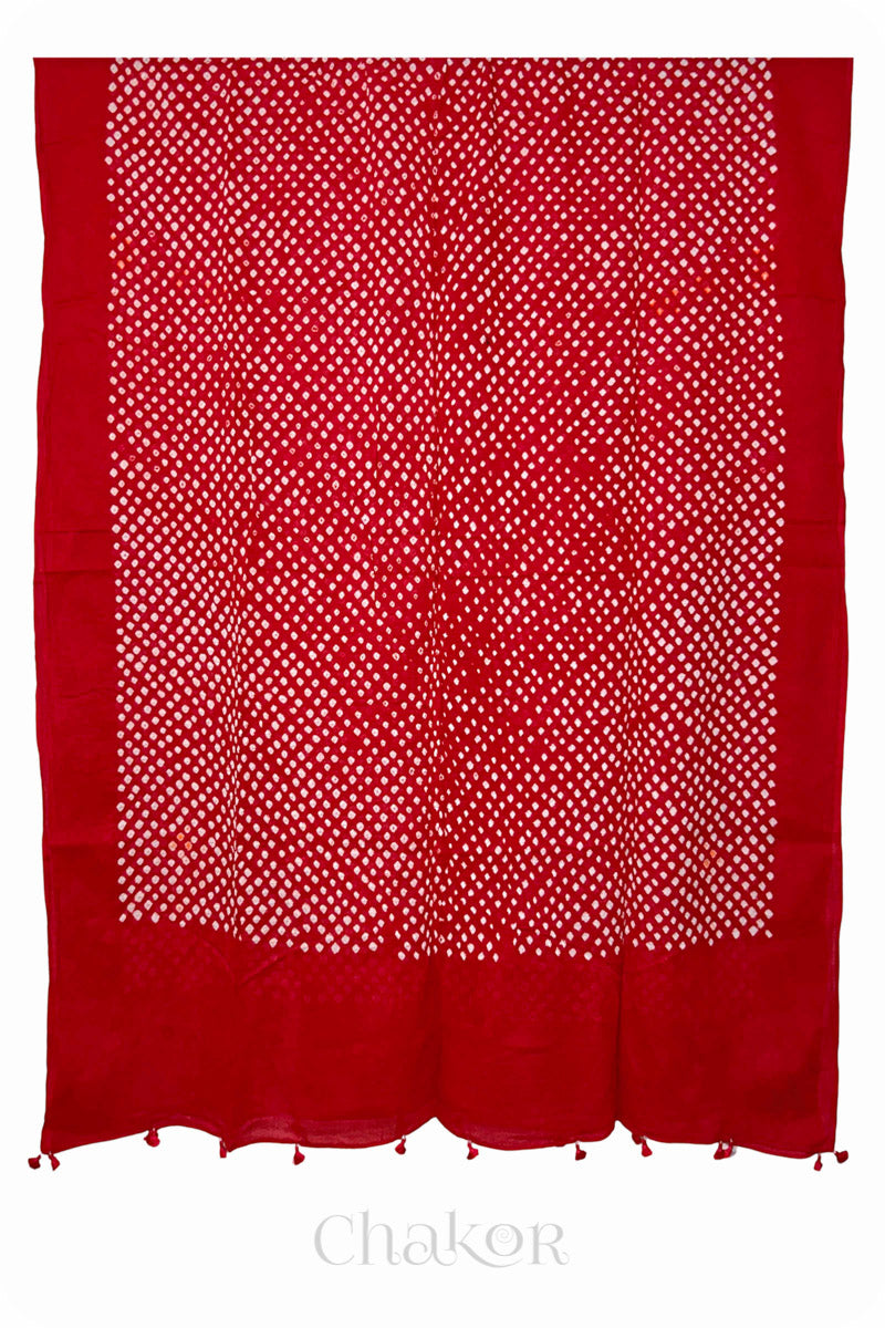 Tomato Red Bandhani Mul Cotton Dupatta in Traditional Design for Women's clothing online by Chakor.