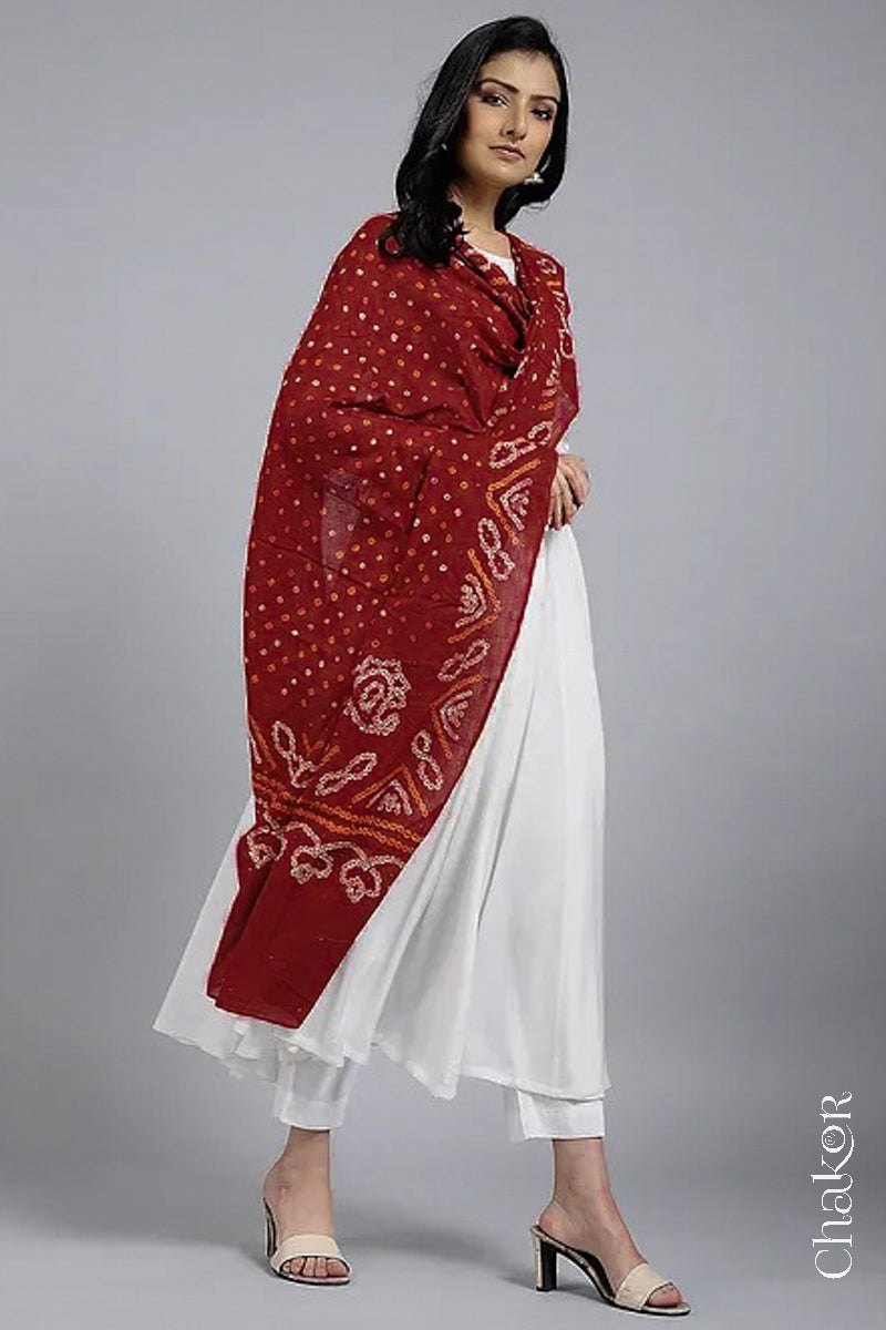 Red Bandhani Mul Cotton Dupatta