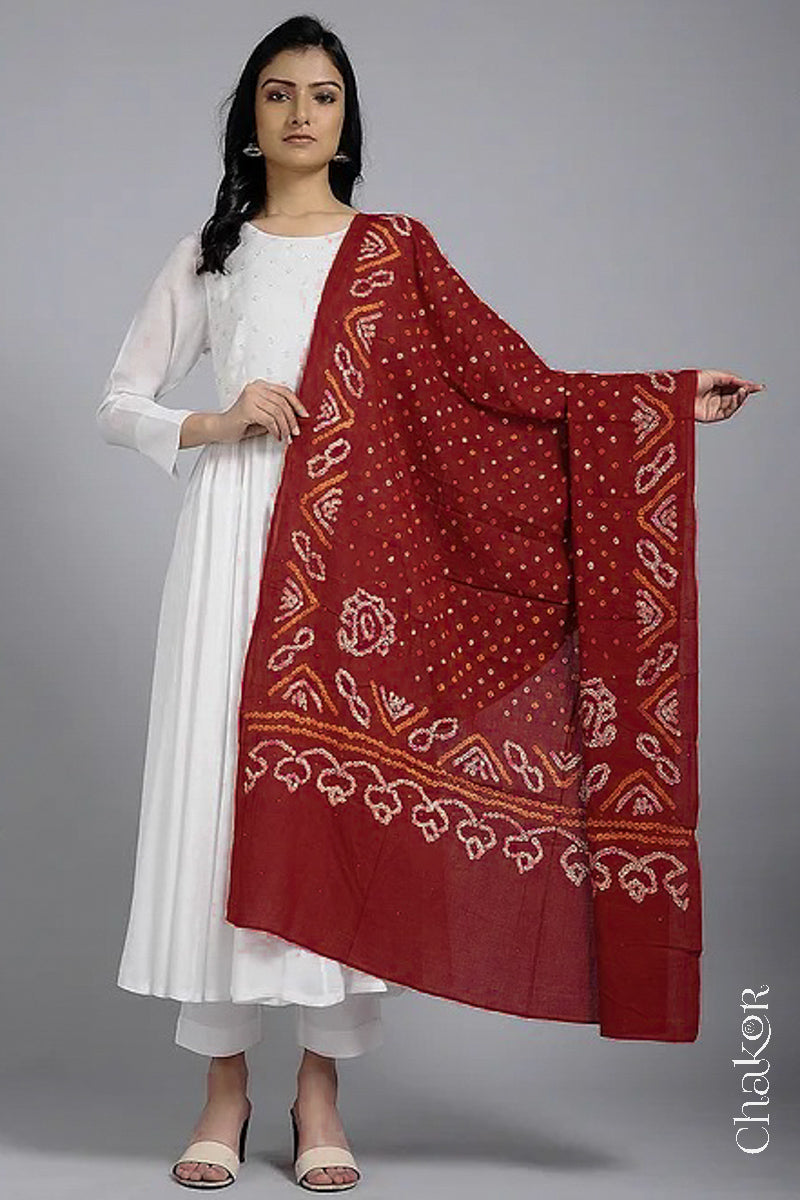 Red Bandhani Mul Cotton Dupatta