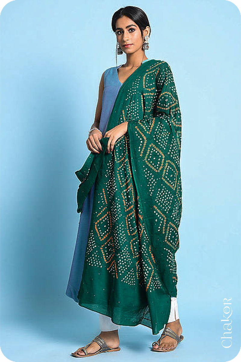 Green Bandhani Mul Cotton Dupatta