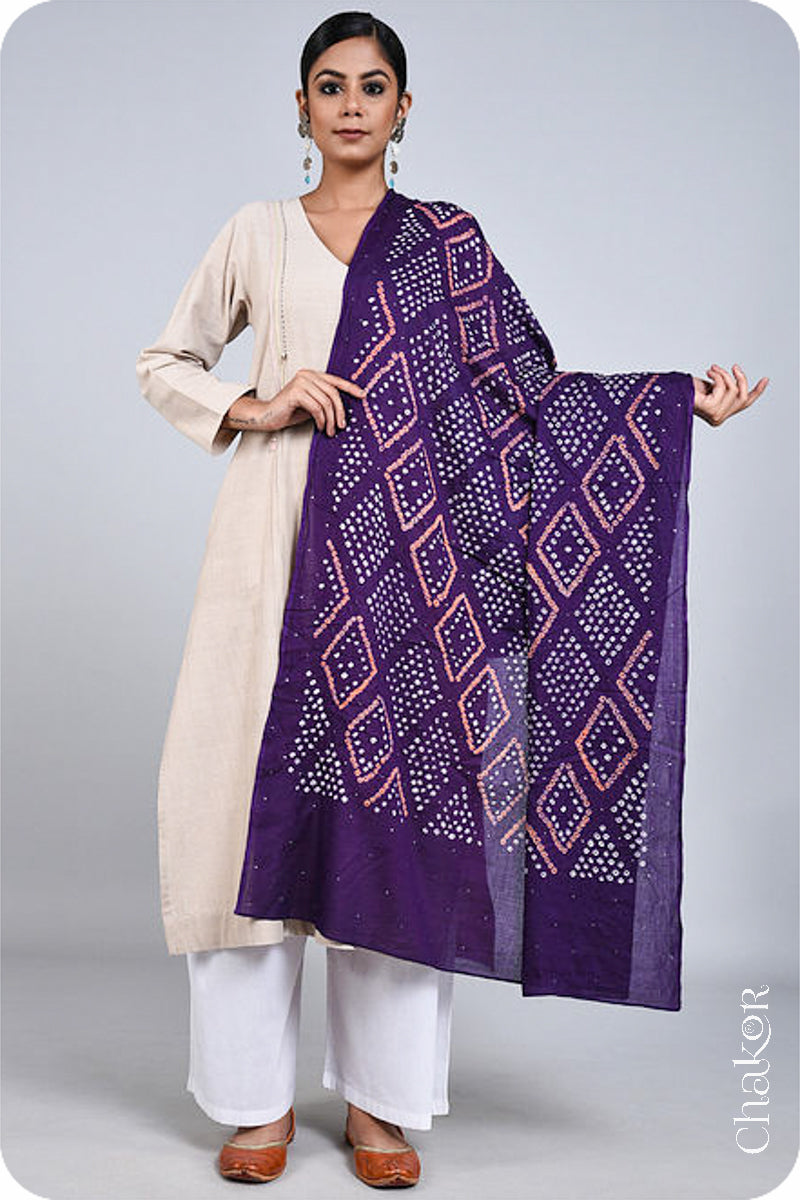 Purple Bandhani Mul Cotton Dupatta