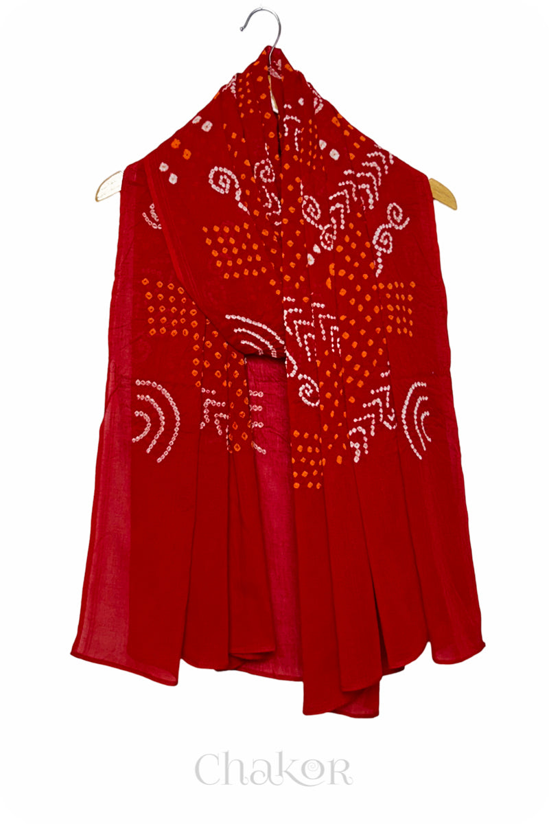 Red Bandhani Mul Cotton Traditional Design Dupatta for Women by Chakor.