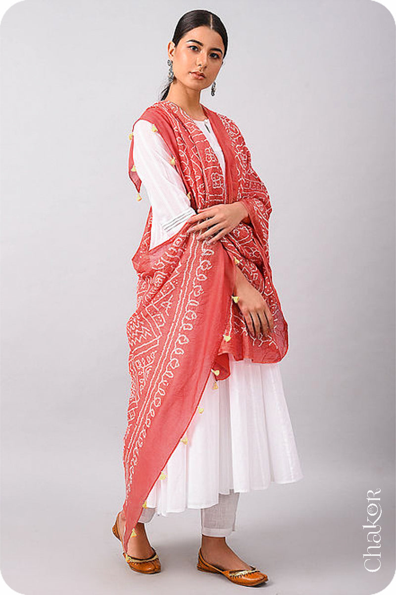 Dusty Red Bandhani Mul Cotton Dupatta