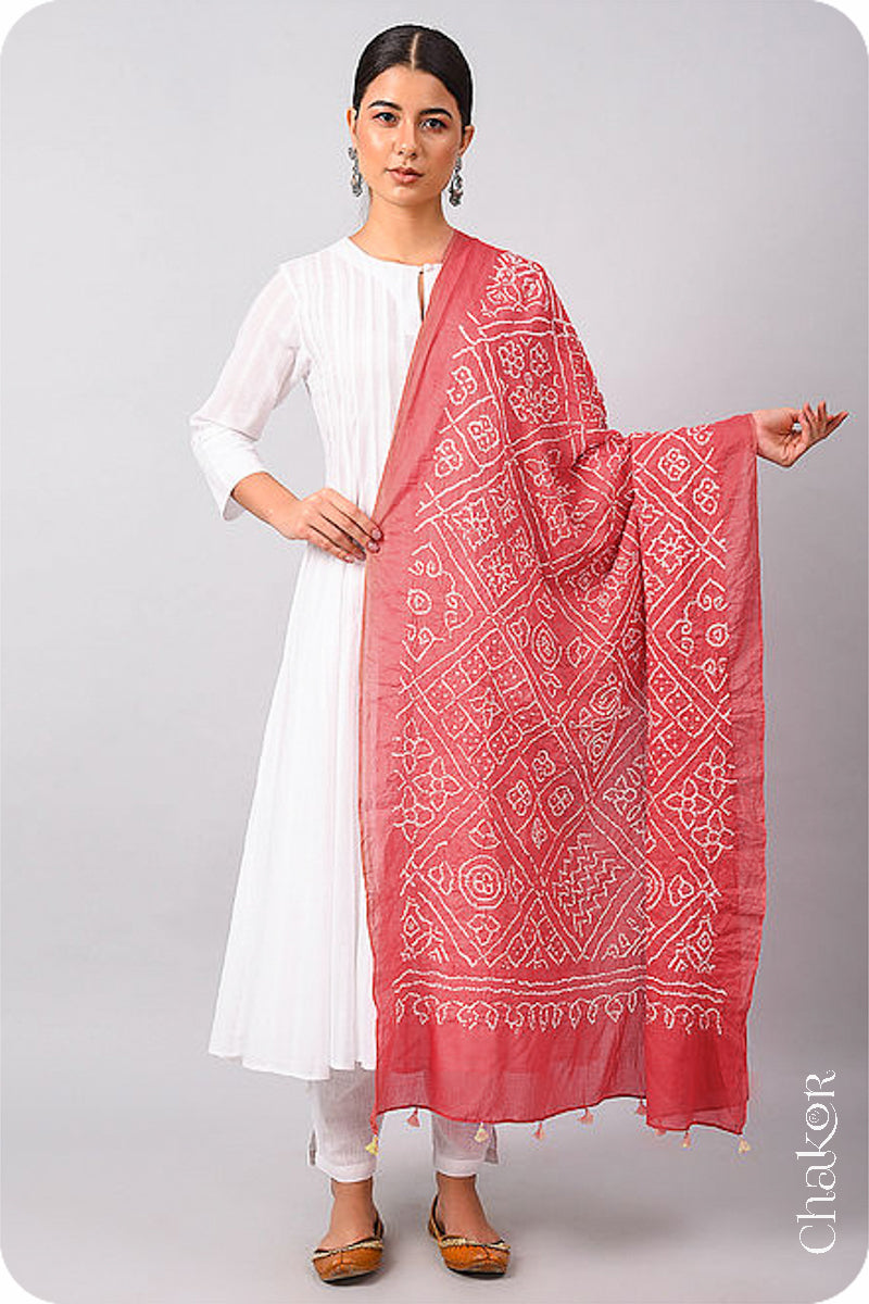 Dusty Red Bandhani Mul Cotton Dupatta