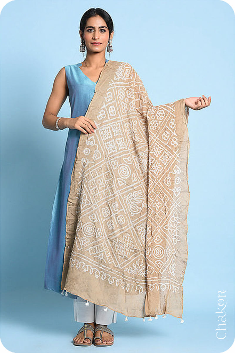 Beige Bandhani Mul Cotton Dupatta