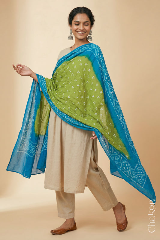 Lime Turquoise Bandhani Mul Cotton Dupatta | Kutch Tie-Dye