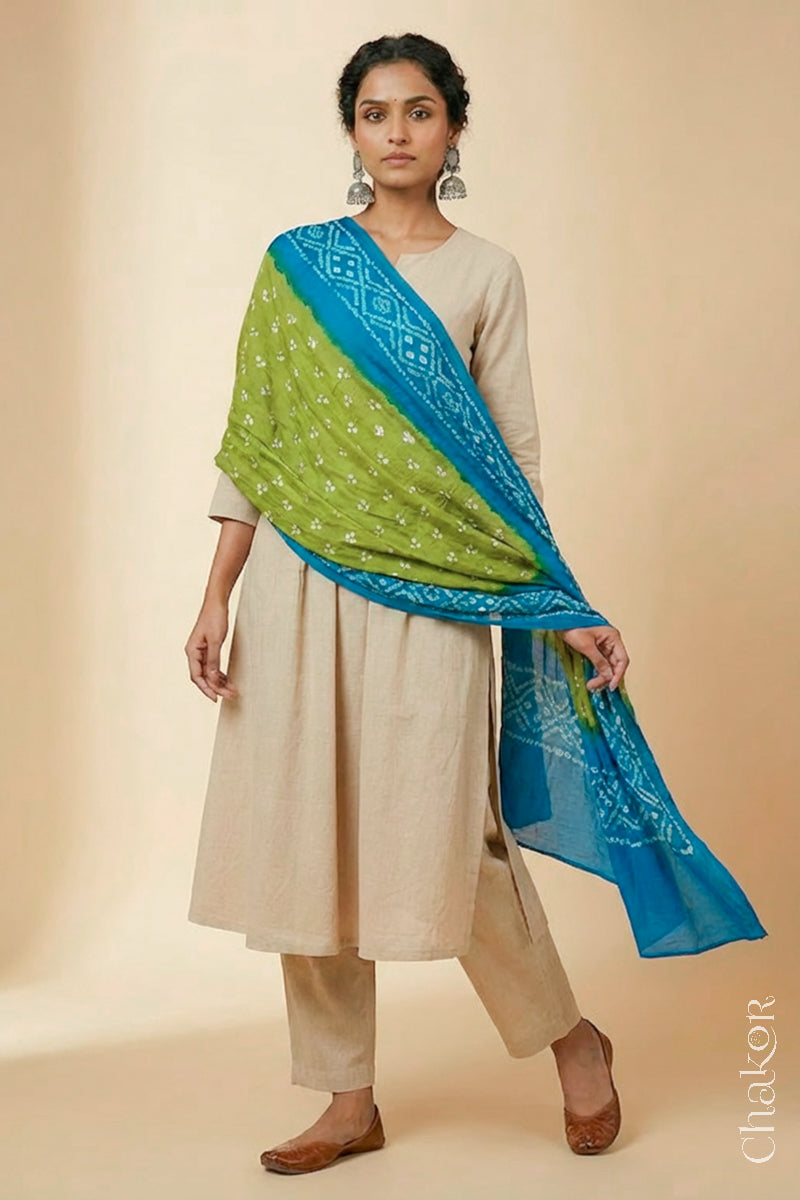 Lime Turquoise Bandhani Mul Cotton Dupatta | Kutch Tie-Dye