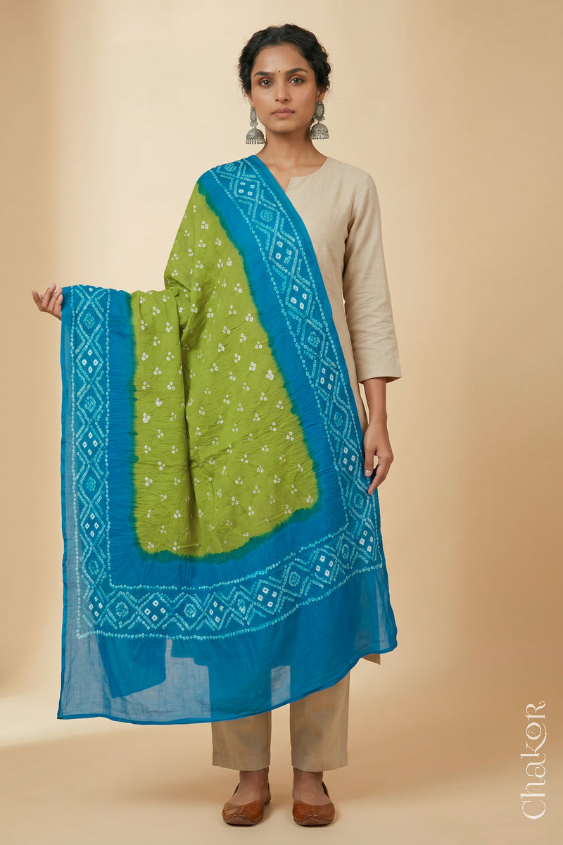 Lime Turquoise Bandhani Mul Cotton Dupatta | Kutch Tie-Dye