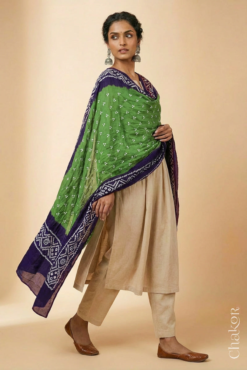 Green Purple Bandhani Mul Cotton Dupatta | Kutch Tie-Dye