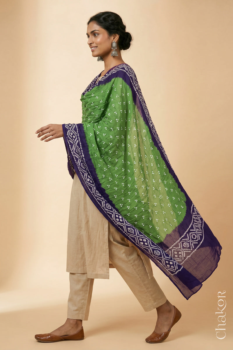 Green Purple Bandhani Mul Cotton Dupatta | Kutch Tie-Dye