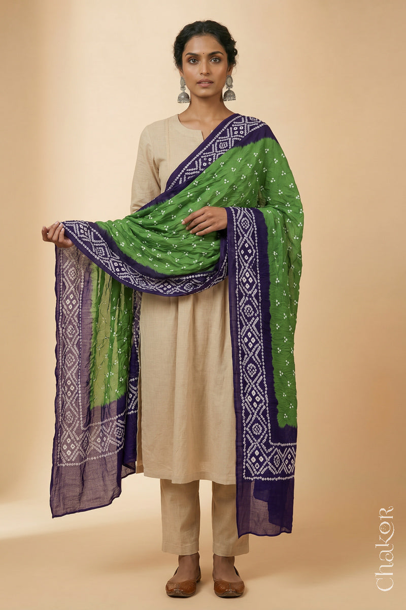Green Purple Bandhani Mul Cotton Dupatta | Kutch Tie-Dye