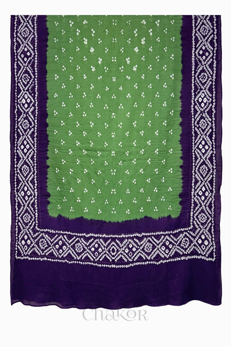 Green Purple Bandhani Mul Cotton Dupatta | Kutch Tie-Dye