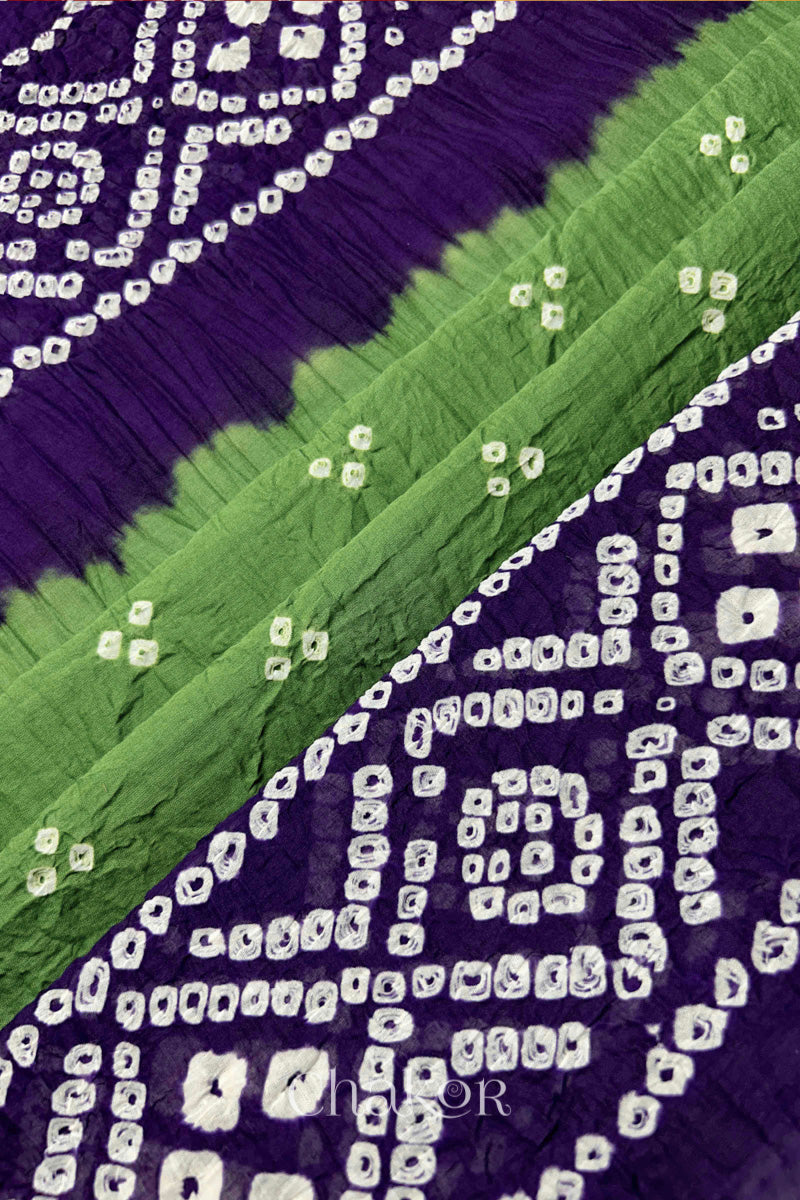 Green Purple Bandhani Mul Cotton Dupatta | Kutch Tie-Dye