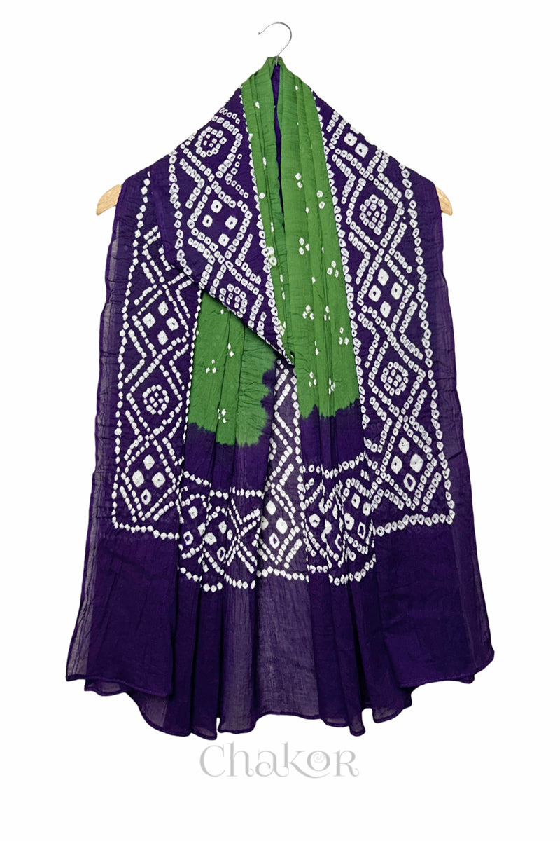 Green Purple Bandhani Mul Cotton Dupatta | Kutch Tie-Dye