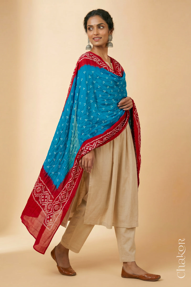 Turquoise Red Bandhani Mul Cotton Dupatta | Kutch Tie-Dye