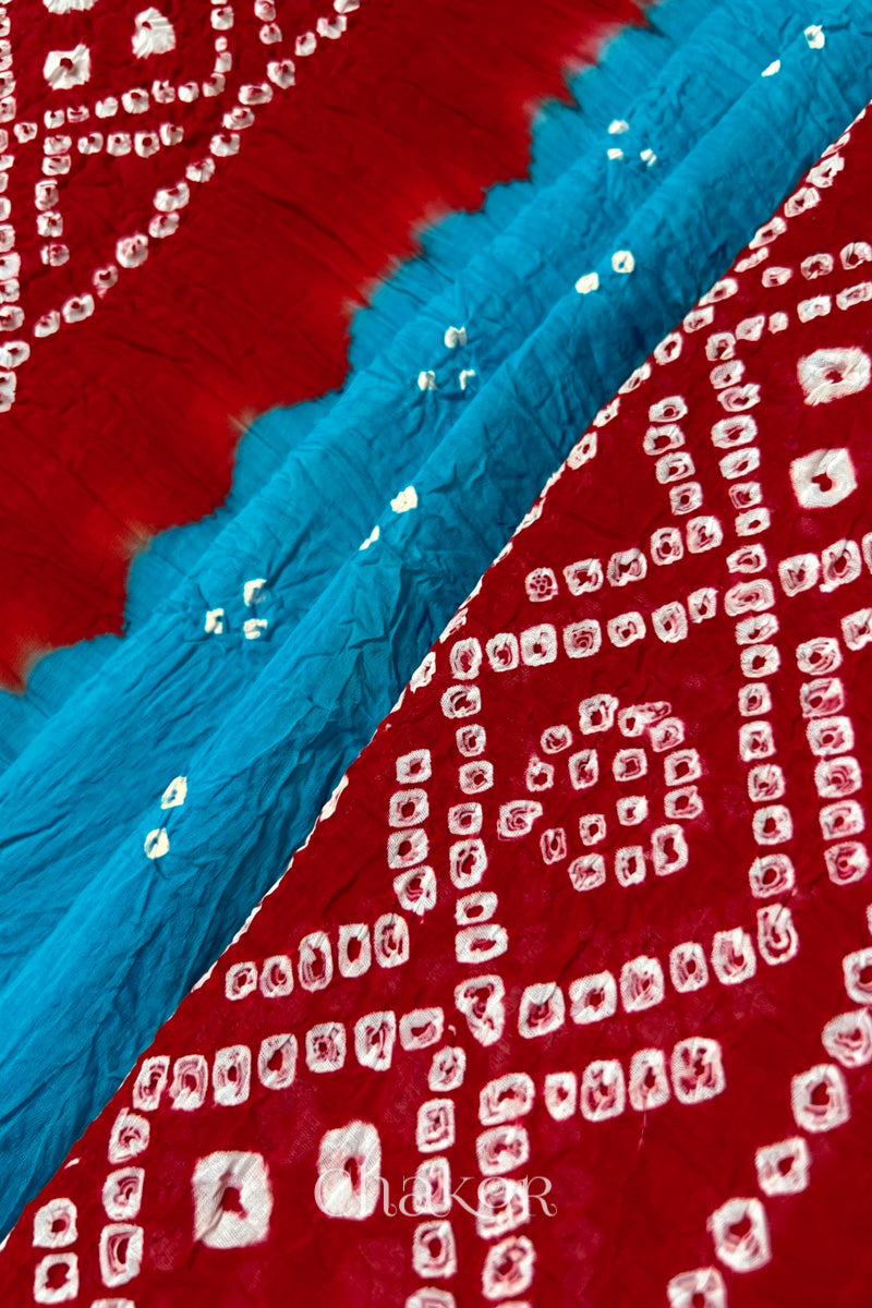 Turquoise Red Bandhani Mul Cotton Dupatta | Kutch Tie-Dye