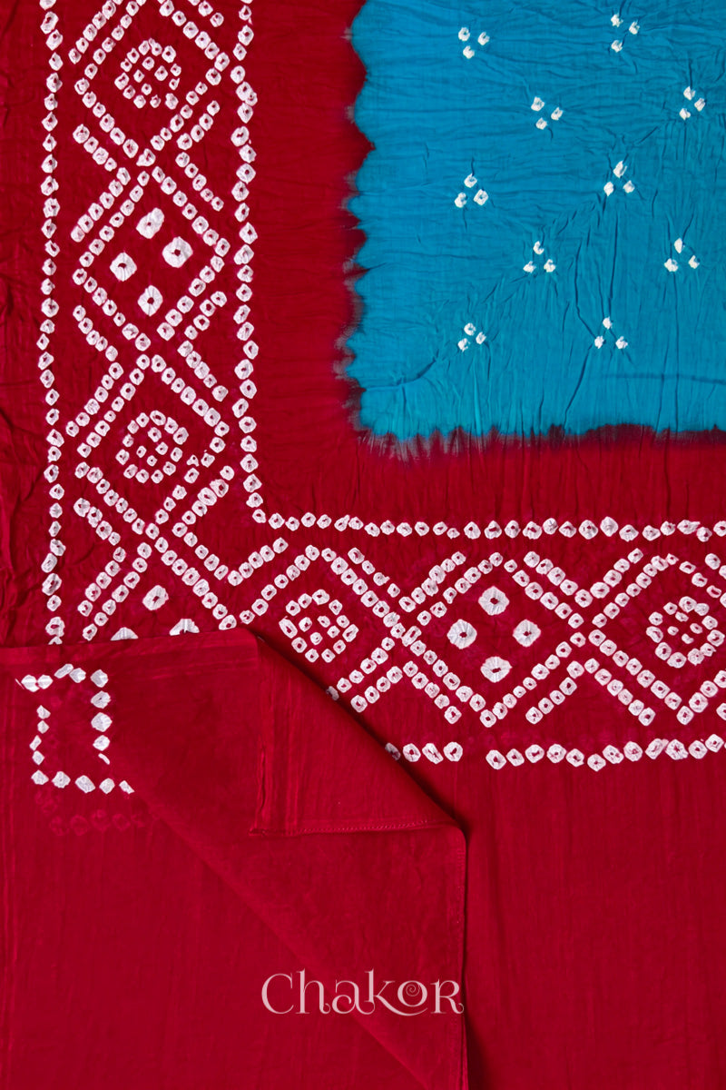 Turquoise Red Bandhani Mul Cotton Dupatta | Kutch Tie-Dye